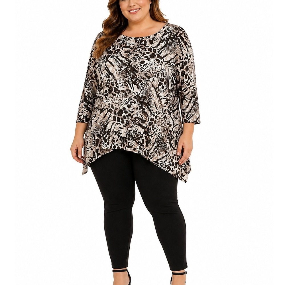 Animal Print Long Sleeve Tunic Top Plus Size 3X Asymmetrical Hem Crew Neck